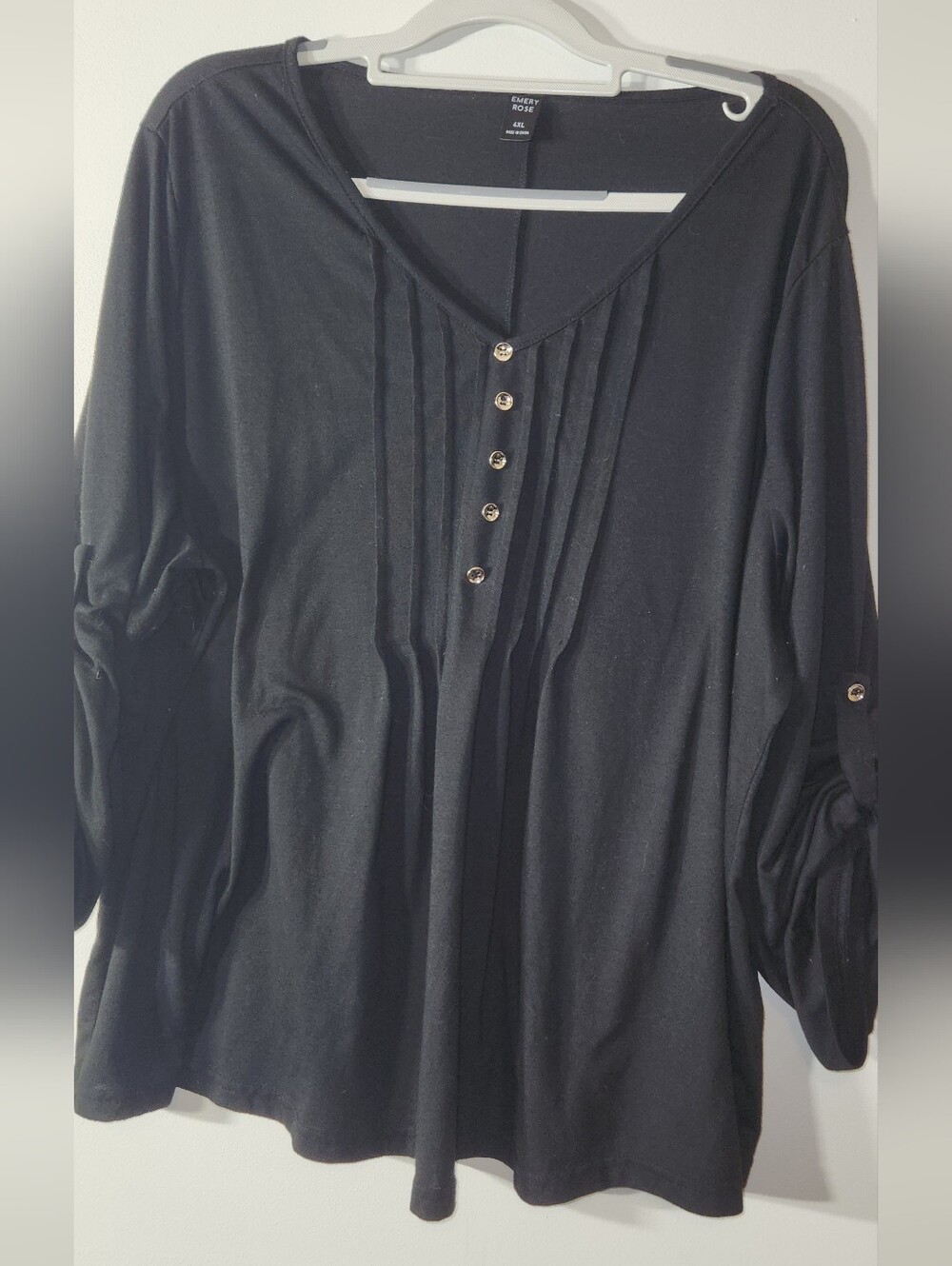Black Pleated Top with Silver Buttons. Cute. Emery Rose 4XL